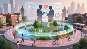 Illustrated city roundabout with a glowing circular public health zone showing clinics, mental‑health support, clean water, markets, and people walking, while huge transparent screens of policymakers and health data loom above the neighborhood.