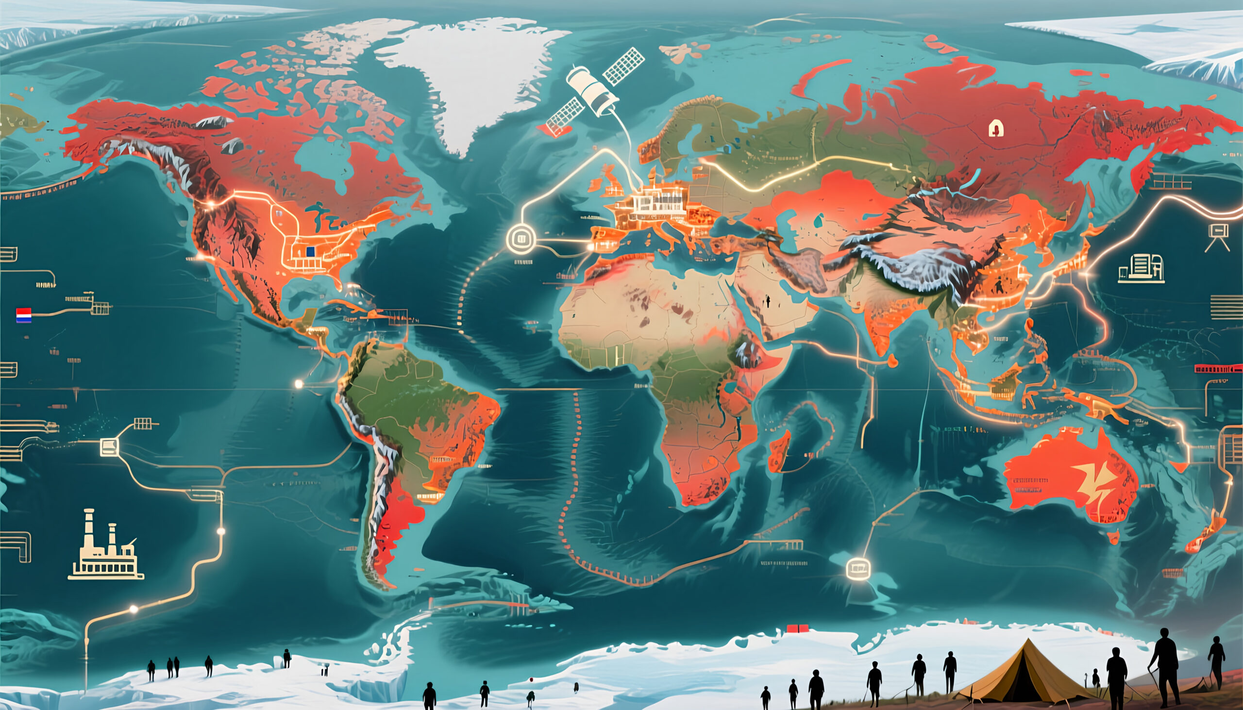 Illustrated world map showing continents, oceans, and polar ice with glowing lines, satellites, pipelines, and silhouettes of people, symbolizing global power networks, trade routes, and human movement.