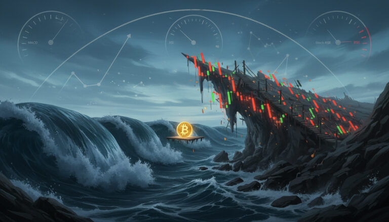 A cinematic digital illustration of a stormy ocean with huge waves crashing against jagged rocks, a glowing Bitcoin symbol floating on a small wooden platform in the water, and a steep cliff made of red and green candlesticks with a broken staircase, overlaid by MACD, RSI and Stoch RSI gauges in the cloudy sky.