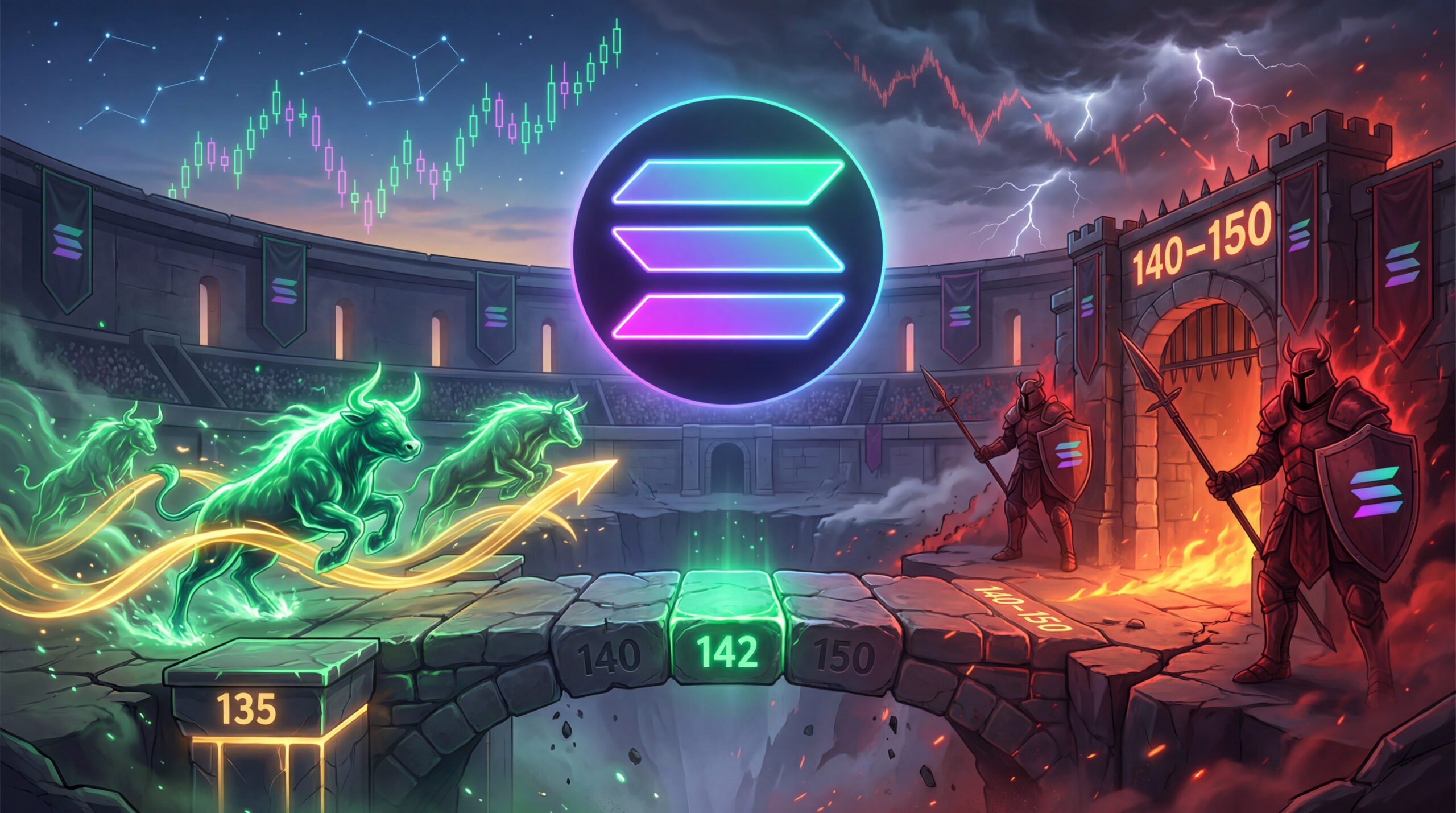 Neon Solana logo hovers above a broken stone bridge of price levels labeled 135, 140, 142, and 150 inside a stadium, where glowing green bulls charge from the 135 side toward a bright 142 stone as red‑armored bear knights defend a fiery 140–150 gate under stormy skies.
