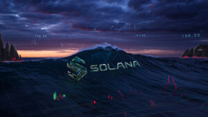 Stormy ocean at dusk with a massive wave shaped like a digital grid, featuring a cracked metallic Solana logo glowing teal on the wave face, surrounded by price levels on distant cliffs and red and green candlestick charts overlaid on the water.