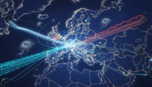 Nighttime map of Europe glowing with city lights, where bright blue and red data‑like streams converge on a radiant sphere at the continent’s center while shadowy figures tug cables from surrounding regions.