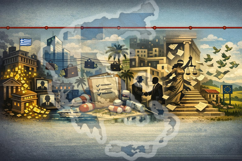 Stylized illustration depicting Greek corruption timeline with Greek flag, bank building, briefcases of money, Lady Justice statue with scales, handshakes between figures in suits, pharmaceutical pills, documents, and EU flag representing corruption scandals
