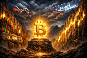 A glowing golden Bitcoin symbol stands on a stone pedestal marked “12H” and “1D” in a rocky canyon, with candlestick charts on the walls and the levels 92,200 and 94,407 carved into the rock under stormy skies