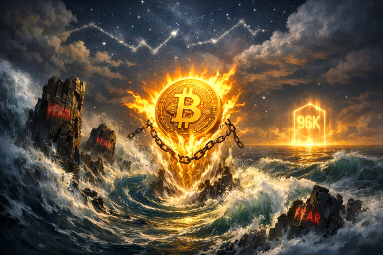 A blazing golden Bitcoin symbol rises from a stormy ocean, breaking dark chains as waves crash against rocky pillars carved with the word “FEAR,” while a glowing 96K gate of light shines on the horizon under a starry sky.