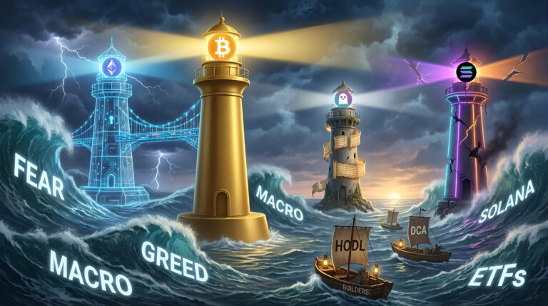 A person in a dark coat stands on a balcony at night overlooking a neon‑lit futuristic city, with giant glowing crypto tickers BTC, ETH, SOL, and AAVE mounted on marble platforms above elevated highways.