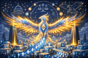 Illustrated golden-blue phoenix with an Ethereum logo on its chest rising over a futuristic blockchain city, flanked by glowing ETF towers and U.S. Capitol dome under starry scales of justice.