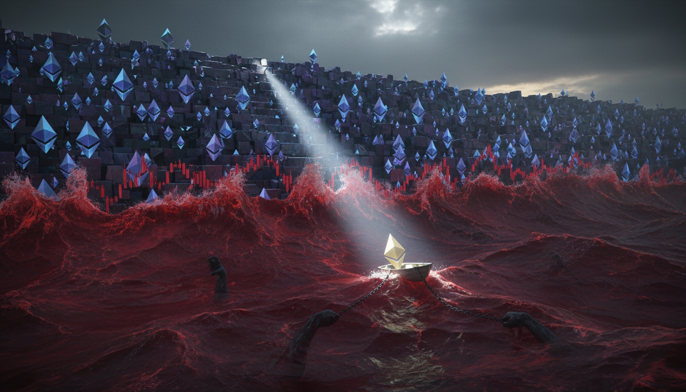 A small golden Ethereum symbol in a metal boat is chained to shadowy hands beneath a stormy red ocean, facing a towering wall of blue Ethereum logos and red candlestick bars under a single beam of light breaking through dark clouds.