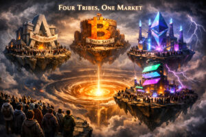 Four floating islands, each bearing a giant AAVE, Bitcoin, Ethereum, or Solana symbol and crowds of people, hover around a glowing orange market vortex in a stormy sky under the title “Four Tribes, One Market