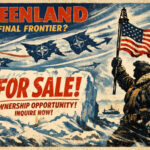 A vintage propaganda-style poster depicts an Arctic landscape with bold text reading “GREENLAND THE FINAL FRONTIER?” at the top and “FOR SALE! OWNERSHIP OPPORTUNITY! INQUIRE NOW!” across a carved ice slab, while on the right a fur‑clad explorer raises a large American flag mounted on an oil‑rig‑like pole as NATO‑emblem silhouettes shaped like Greenland fragments and jet trails sweep across the stormy blue-and-white sky.