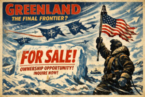 A vintage propaganda-style poster depicts an Arctic landscape with bold text reading “GREENLAND THE FINAL FRONTIER?” at the top and “FOR SALE! OWNERSHIP OPPORTUNITY! INQUIRE NOW!” across a carved ice slab, while on the right a fur‑clad explorer raises a large American flag mounted on an oil‑rig‑like pole as NATO‑emblem silhouettes shaped like Greenland fragments and jet trails sweep across the stormy blue-and-white sky.