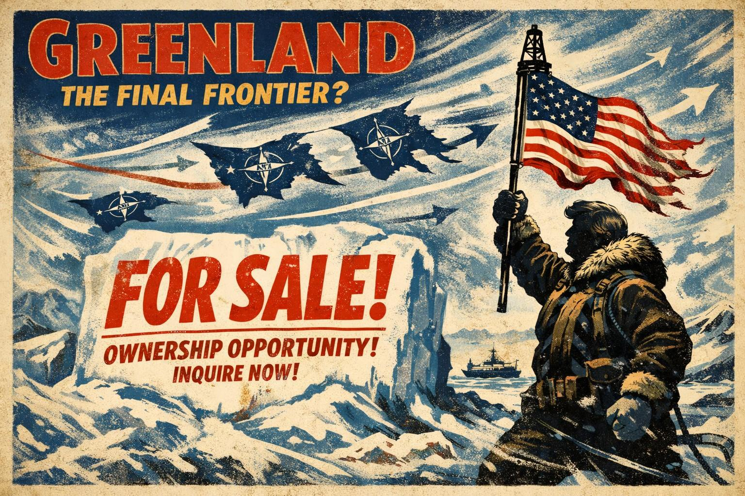 A vintage propaganda-style poster depicts an Arctic landscape with bold text reading “GREENLAND THE FINAL FRONTIER?” at the top and “FOR SALE! OWNERSHIP OPPORTUNITY! INQUIRE NOW!” across a carved ice slab, while on the right a fur‑clad explorer raises a large American flag mounted on an oil‑rig‑like pole as NATO‑emblem silhouettes shaped like Greenland fragments and jet trails sweep across the stormy blue-and-white sky.