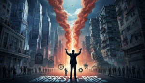 A suited figure stands in the middle of a city street, arms raised toward twin fiery columns rising into the sky, as sleek skyscrapers and decaying tenements face each other across a cracked “interest-rate” fissure, with a broken GDP statue and anxious crowds symbolizing economic inequality and crisis.