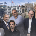 Photomontage showing several suited men and one woman posed in front of HSBC Private Bank and Greek public buildings with Greek, EU and Swiss flags, symbolizing the Lagarde list tax‑evasion scandal in Greece.