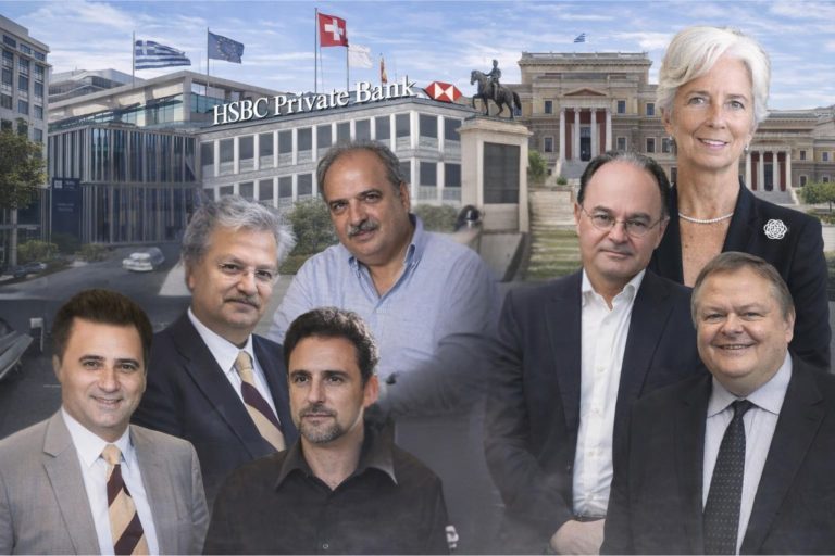 Photomontage showing several suited men and one woman posed in front of HSBC Private Bank and Greek public buildings with Greek, EU and Swiss flags, symbolizing the Lagarde list tax‑evasion scandal in Greece.