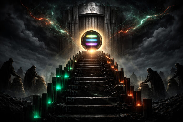 A glowing Solana coin hovers before a massive metal gate marked “150” at the top of a dark stone staircase lined with green and red lights, while hooded figures stack coins in the shadows under a stormy sky.