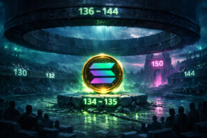 Surreal Solana arena where a glowing SOL coin hovers on a cracked stone platform marked 134–135, surrounded by a gloomy stadium with neon price levels 130, 132, 136–144 and a distant gate labeled 150.