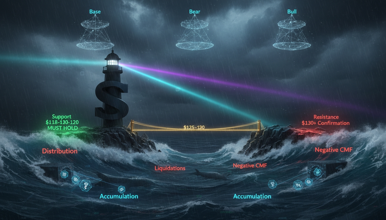 Digital illustration of a stormy ocean with a lighthouse shaped like a dollar sign projecting colored beams toward a golden bridge marked $125–130, surrounded by labels for support, resistance, accumulation, distribution, liquidations, and bull/bear/base zones in the sky.