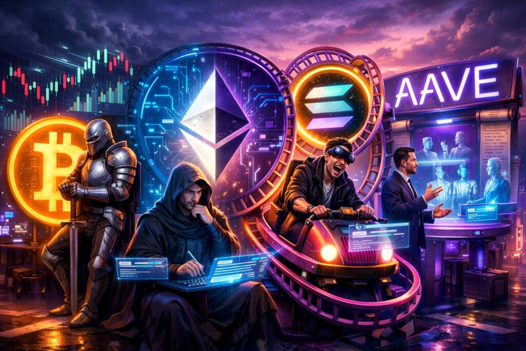 Four symbolic figures representing Bitcoin, Ethereum, Solana, and Aave gather in a neon‑lit cyberpunk city, with a Bitcoin knight, an Ethereum coder, a Solana rollercoaster rider, and an Aave governance negotiator in front of glowing crypto logos and charts.