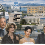 formal and casual clothing standing before layered images of defense-company buildings, the Greek Parliament, hotels, shipyard cranes, and corporate logos such as HDW, Thyssenkrupp, and Ferrostaal.