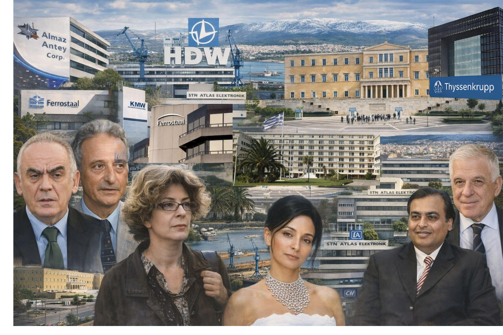 formal and casual clothing standing before layered images of defense-company buildings, the Greek Parliament, hotels, shipyard cranes, and corporate logos such as HDW, Thyssenkrupp, and Ferrostaal.