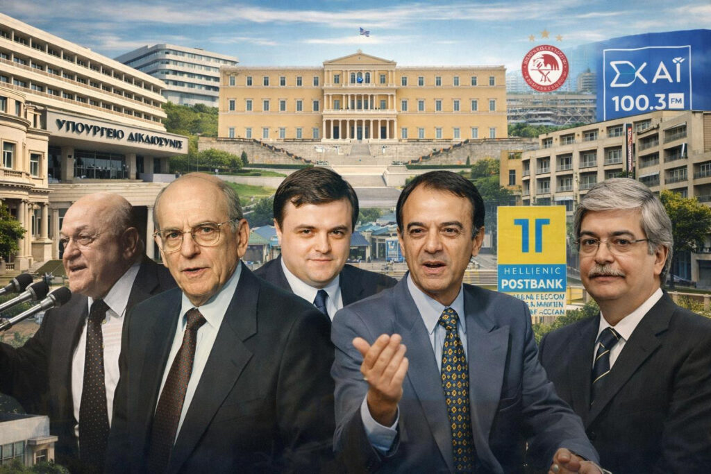 Collage showing suited men with blurred faces in front of layered images of Greek government buildings, banks, and media logos, symbolizing politics, finance, and public institutions in Greece.