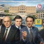 Collage showing suited men with blurred faces in front of layered images of Greek government buildings, banks, and media logos, symbolizing politics, finance, and public institutions in Greece.