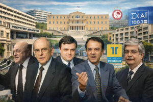 Collage showing suited men with blurred faces in front of layered images of Greek government buildings, banks, and media logos, symbolizing politics, finance, and public institutions in Greece.