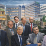Collage of businessmen standing in front of Siemens and allied corporate buildings, banks, and a PASOK party office, symbolizing the Siemens corruption scandal and the political and financial figures linked to it.
