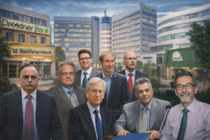 Collage of businessmen standing in front of Siemens and allied corporate buildings, banks, and a PASOK party office, symbolizing the Siemens corruption scandal and the political and financial figures linked to it.