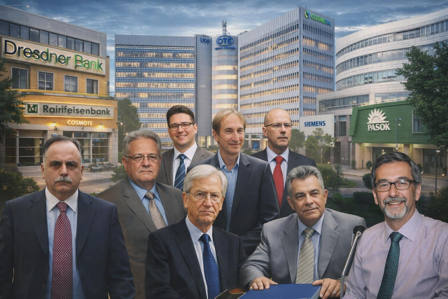 Collage of businessmen standing in front of Siemens and allied corporate buildings, banks, and a PASOK party office, symbolizing the Siemens corruption scandal and the political and financial figures linked to it.
