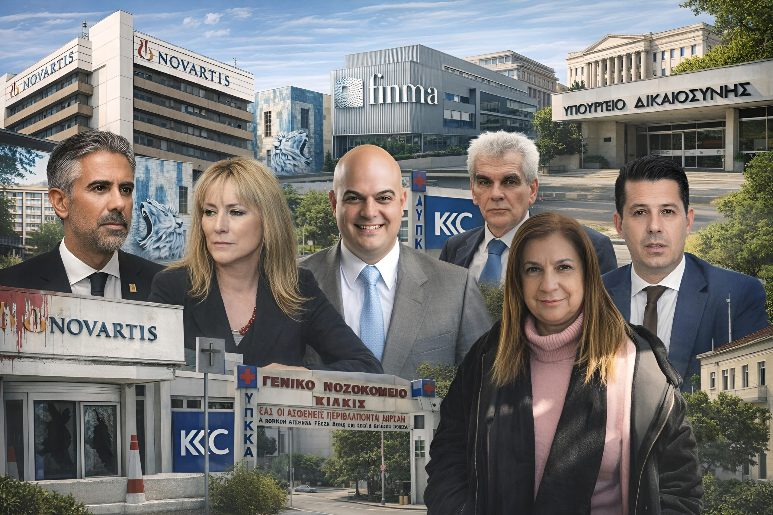 Photomontage showing six political and healthcare officials posed in front of Novartis pharmaceutical buildings, Greek Ministry of Justice, a public hospital, and other state institutions, symbolizing the Novartis corruption scandal involving pharmaceutical kickbacks and political complicity in Greece.