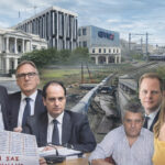 Composite image showing government officials, Greek Parliament building, ERGOSE railway infrastructure offices, railway tracks with derailed wreckage, and victims' memorial list with "We Do Not Forget You" banner from the Tempi train disaster accountability movement.