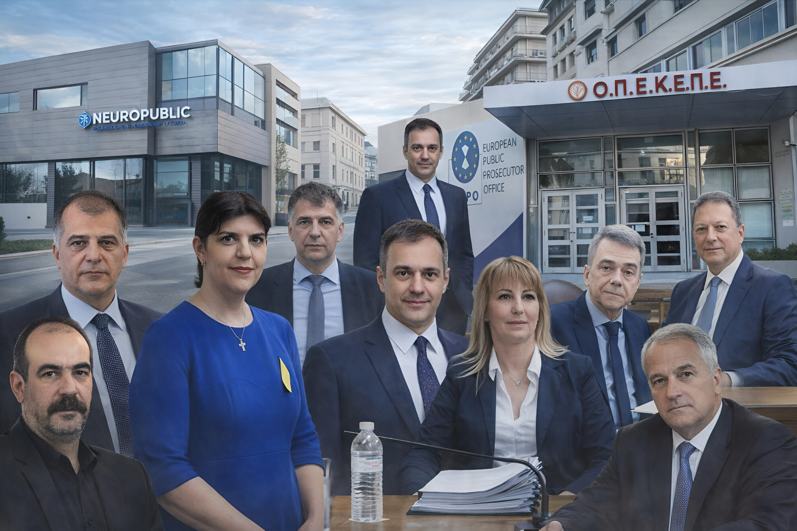 Composite image showing senior European anti‑fraud prosecutors, Greek government officials and executives from an IT contractor posed in front of the EU Public Prosecutor’s Office, the Greek farm‑payments agency OPEKEPE and the Neuropublic headquarters, symbolising the investigation into large‑scale EU agricultural subsidy fraud in Greece.