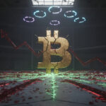 Cracked golden Bitcoin monolith in a dark trading cathedral, under red warning lights and broken halos, with faint green patterns glowing on the floor.