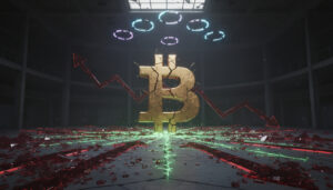 Cracked golden Bitcoin monolith in a dark trading cathedral, under red warning lights and broken halos, with faint green patterns glowing on the floor.