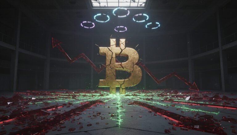 Cracked golden Bitcoin monolith in a dark trading cathedral, under red warning lights and broken halos, with faint green patterns glowing on the floor.