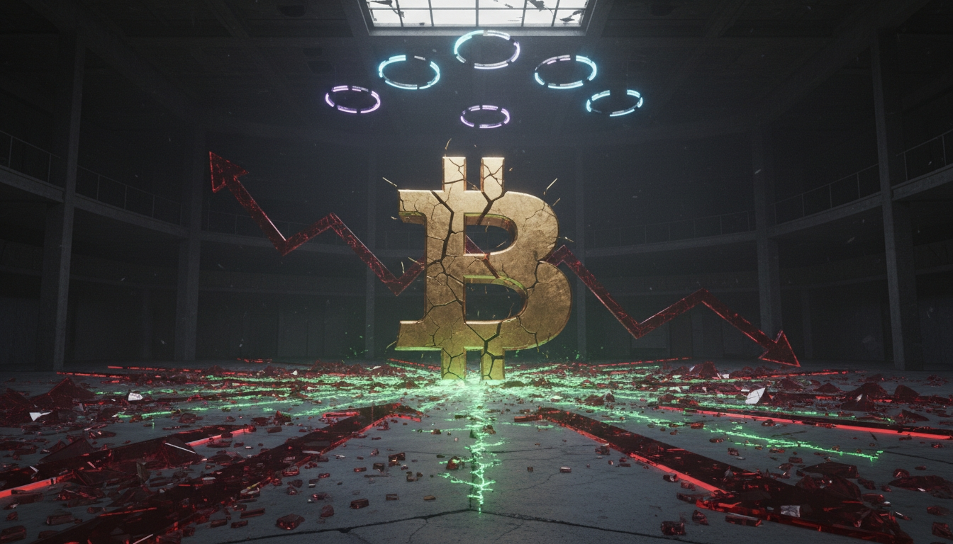 Cracked golden Bitcoin monolith in a dark trading cathedral, under red warning lights and broken halos, with faint green patterns glowing on the floor.