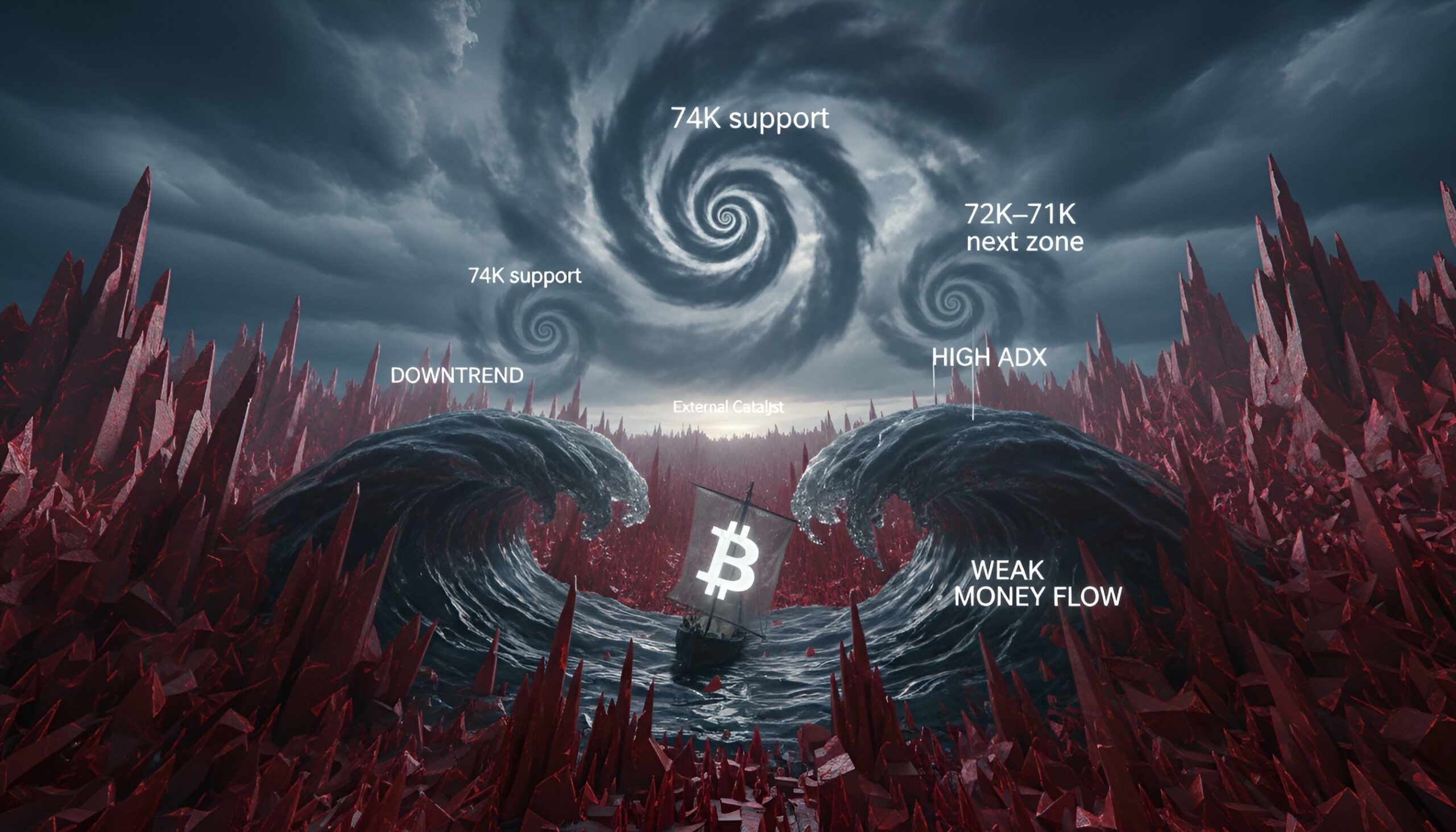 A small ship with a glowing Bitcoin symbol on its sail struggles through dark waves between jagged red crystal cliffs, under a stormy sky filled with spiral clouds labeled with support, resistance, and indicator terms such as “74K support,” “72K–71K next zone,” “Downtrend,” “High ADX,” and “Weak Money Flow,” while a faint light on the horizon is marked “External Catalyst.”