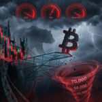 Bitcoin symbol standing on a cracking glass ledge above a swirling red vortex, with a collapsing candlestick citadel behind it and ominous red warning gauges in the stormy sky.