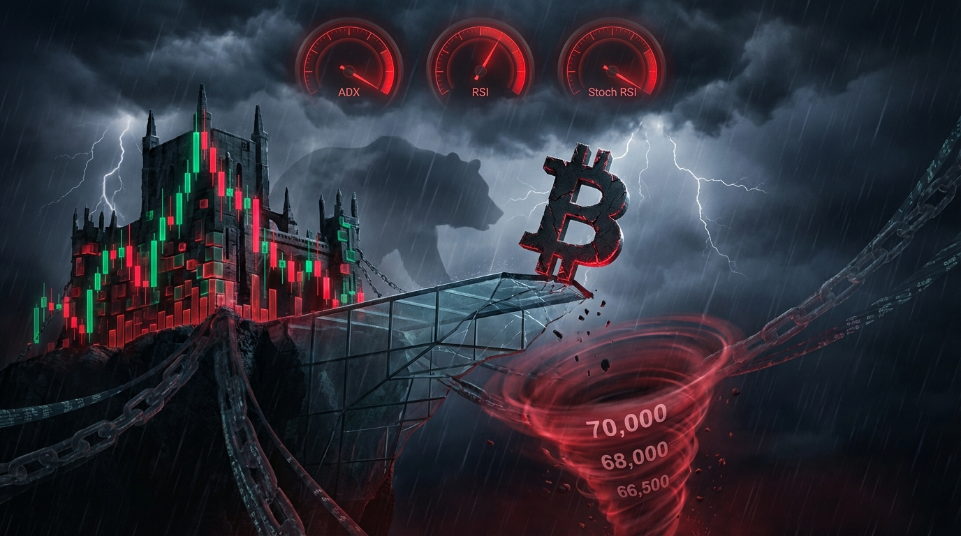 Bitcoin symbol standing on a cracking glass ledge above a swirling red vortex, with a collapsing candlestick citadel behind it and ominous red warning gauges in the stormy sky.