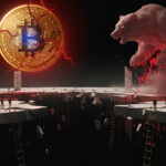 Giant glowing Bitcoin coin cracks with red lightning above a shattered marble platform, while a colossal red bear made of digital numbers looms over tiny human figures on crumbling ledges.