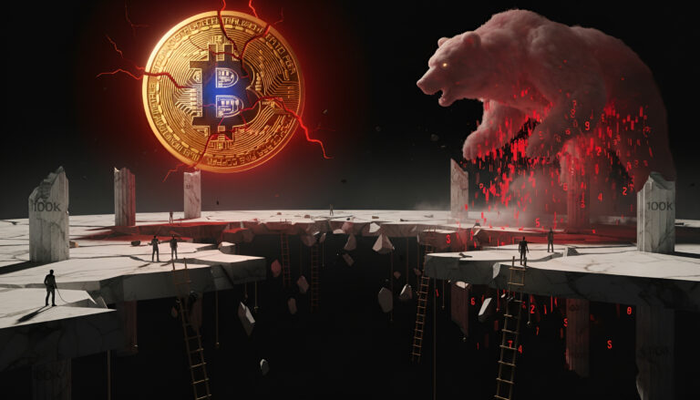 Giant glowing Bitcoin coin cracks with red lightning above a shattered marble platform, while a colossal red bear made of digital numbers looms over tiny human figures on crumbling ledges.