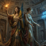 Two robed female figures stand in a crumbling classical rotunda, one holding a flaming torch and a tattered blue and yellow flag, while a neon sign reading Western Prosperity glows on the cracked wall behind them.