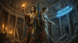 Two robed female figures stand in a crumbling classical rotunda, one holding a flaming torch and a tattered blue and yellow flag, while a neon sign reading Western Prosperity glows on the cracked wall behind them.