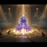 Ethereum logo erupts like a crystal volcano from a glowing cavern floor labeled 1797, surrounded by shattered bear statues and metal stairways marked with higher price levels.