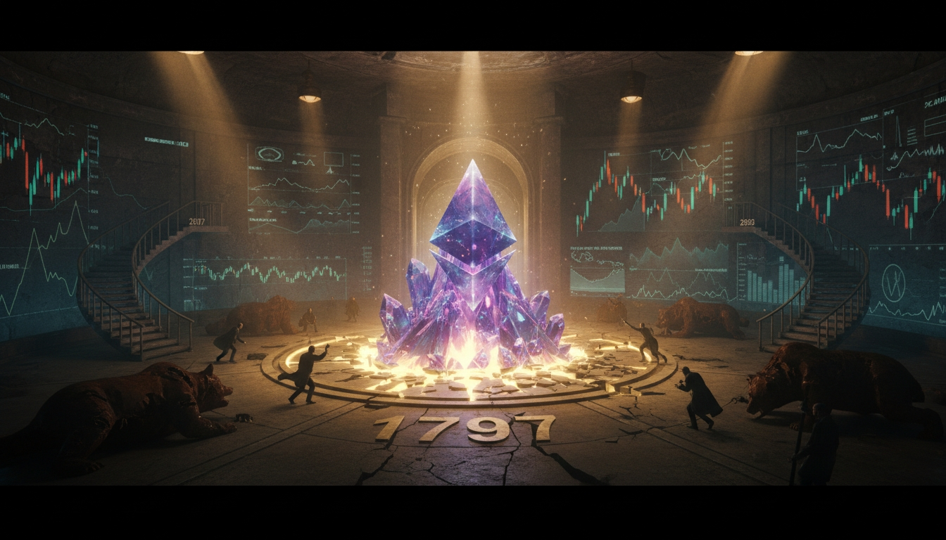 Ethereum logo erupts like a crystal volcano from a glowing cavern floor labeled 1797, surrounded by shattered bear statues and metal stairways marked with higher price levels.