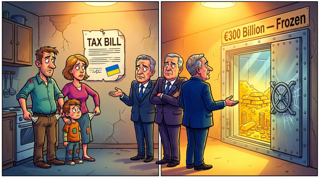 A split panel cartoon shows a poor European family in a shabby kitchen staring at a giant tax bill stamped with a Ukrainian flag while EU politicians explain, and in the second panel the same politicians stand admiring a glowing vault full of gold behind a door labeled €300 Billion Frozen.