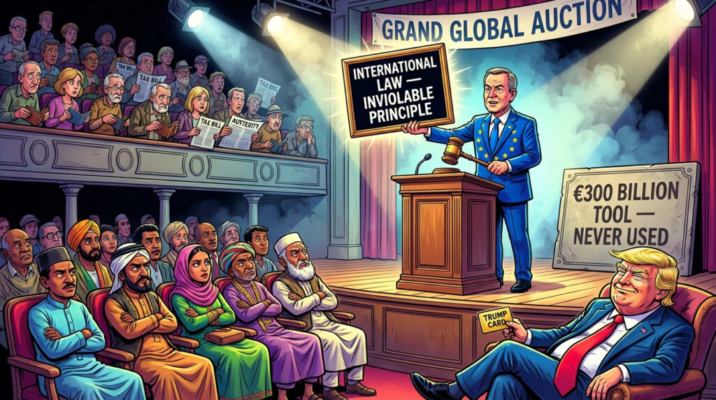 A European auctioneer in a blue suit with EU stars holds up a plaque reading International Law Inviolable Principle on a stage labeled Grand Global Auction, while a sign beside him says €300 Billion Tool Never Used, a skeptical Global South audience sits in the front rows, European taxpayers holding tax bills fill the balcony, and a blond politician lounges at the stage edge holding a Trump Card.