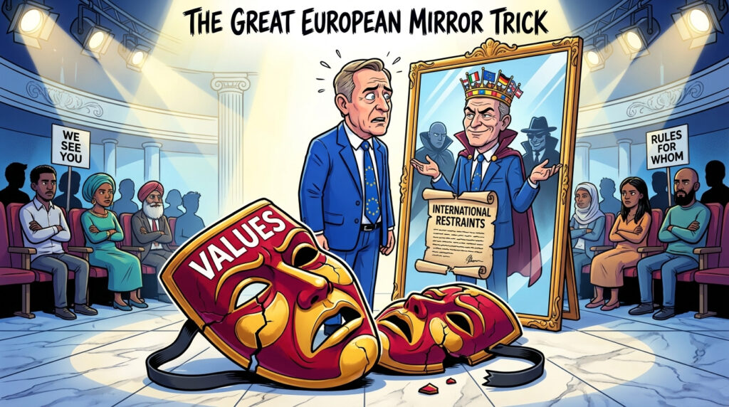 A European politician in a blue suit stands in a grand hall before a mirror, a cracked theatrical mask labeled Values lying on the floor while the reflection shows a smirking, more cynical version of himself surrounded by shadowy great power figures, as observers in the gallery watch with folded arms.